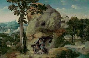 An extensive landscape with Elijah and the Angel by Joachim Patenier (Patinir)