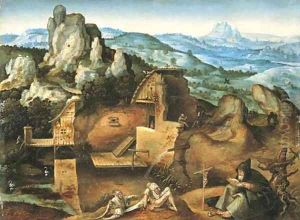 An extensive rocky landscape with the Temptation of Saint Anthony