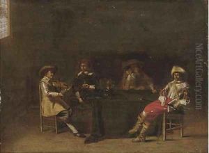 A guardroom interior with men making music and drinking by Anthonie Palamedesz
