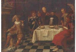 Elegant company dining in an interior by Anthonie Palamedesz