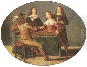 Elegant company playing tric-trac in an interior