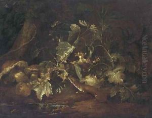 A forest floor still life with a stoat beside a pool by Paolo Porpora