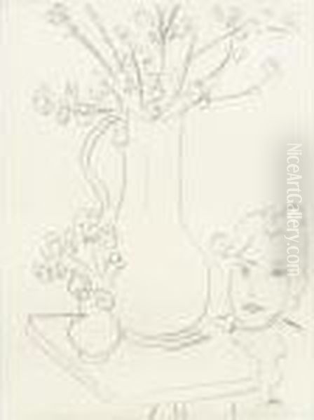 Tete De Femme Et Deux Bouquets - view 1