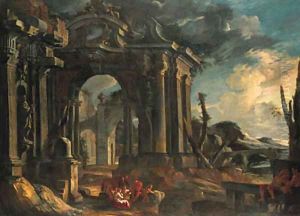 An architectural capriccio with peasants by Pietro (Il Mirandolese) Paltronieri