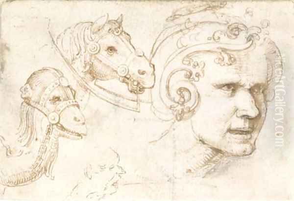 The head of a man wearing an elaborate helmet - view 1