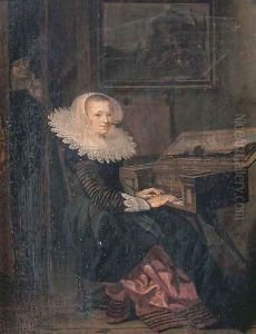 A young woman playing the virginals, a man in the doorway beyond by Hendrick Gerritsz. Pot