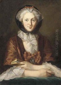 Portrait of a lady, seated half-length, holding a book and wearing a black bonnet by Jean-Baptiste Perroneau