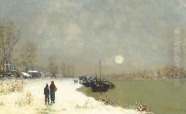 Figures along a riverside in winter - view 1