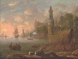 A Mediterranean coastal harbour with figures building a man'o-war, shipping beyond