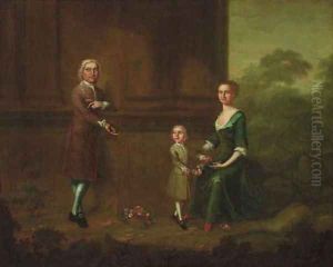 Portrait of a gentleman with his wife and child by Charles Phillips