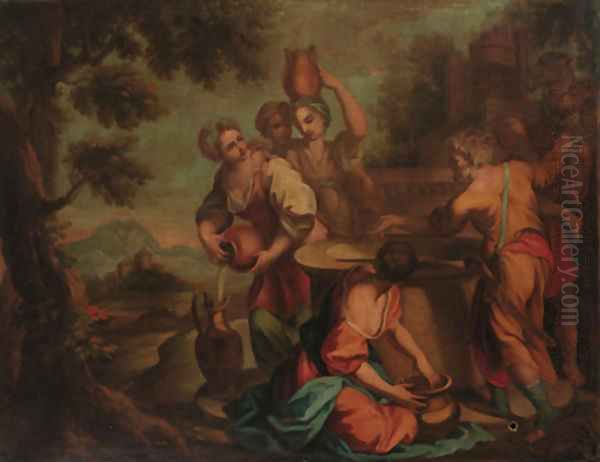 Eliezer offering gifts to Rebecca at the well - view 1