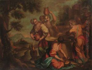 Eliezer offering gifts to Rebecca at the well by Giovanni Antonio Pellegrini