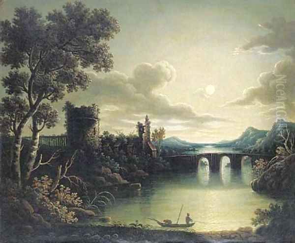 A moonlit watch tower by a river - view 1