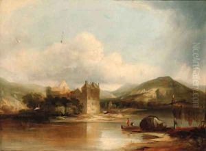 Figures boating on a lake, a ruined castle beyond