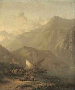 Mountainous lake landscape with figures and boats in the foreground and a villa beyond by James Baker Pyne