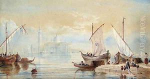 Venetian craft on the lagoon before San Giorgio Maggiore by James Baker Pyne