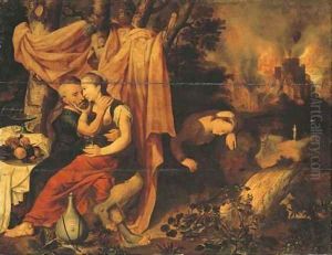 Lot and his Daughters, the Destruction of Sodom and Gomorrah beyond by Pieter Pourbus