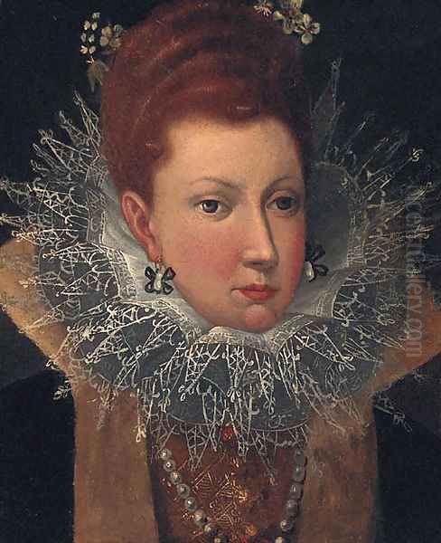 Portrait of a Lady, head and shoulders, wearing a lace ruff with flowers in her hair - view 1