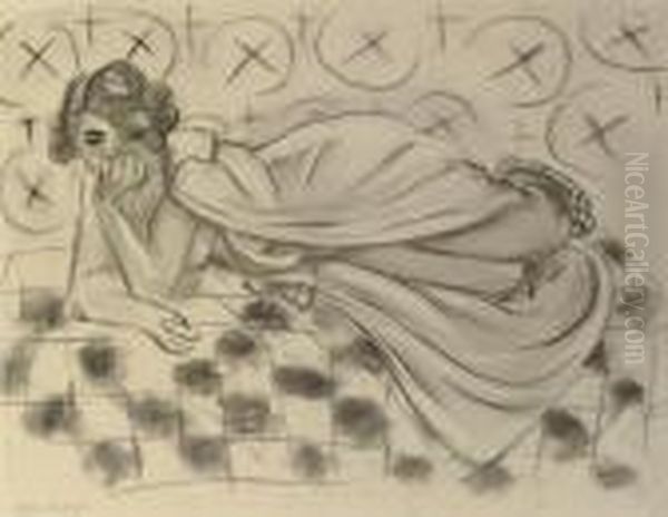 Figure Drapee Allongee Sur Un Sofa A Carreaux Noirs - view 1
