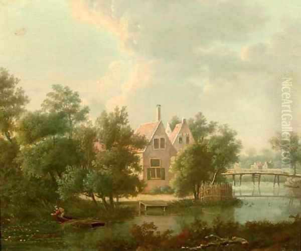 A wooded landscape with houses by a stream, a figure in a boat in the foreground - view 1