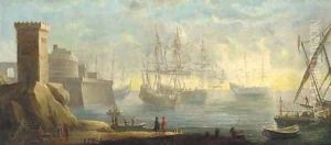 A capriccio of a mediterranean port with men-o'-war anchored before a fort by Pierre Puget