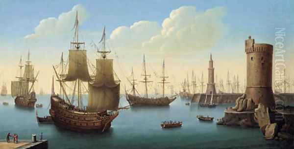 The entrance to a fortified harbour with men-o'-war at anchor, figures on a quay in the foreground - view 1