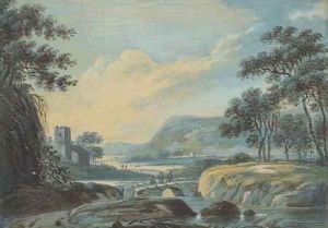 Travellers crossing a bridge by William Payne