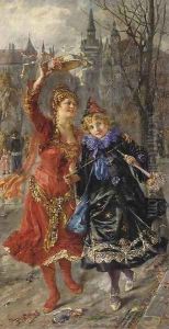 Celebrating carnival in Munich, the Alte Rathaus in the background by Maria Philips-Weber