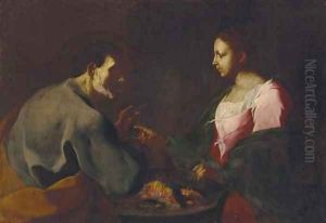 An elderly man and a woman by a brazier by Giuseppe Antonio Petrini