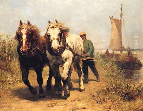 Horses On A Towpath Pulling A Barge - view 1