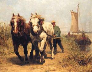 Horses On A Towpath Pulling A Barge by Edmond Joseph De Pratere