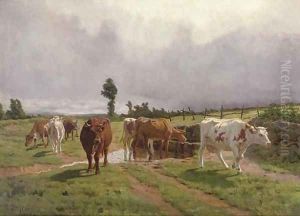 Cattle watering by a stream by Rene Peyrol