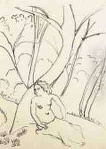 Femme Nue Assise Au Pied D'un Arbre