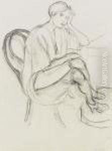 Femme Assise, Jambe Sur Tabouret