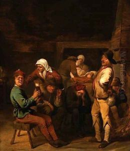 A Tavern Interior with Peasants Smoking and Drinking by the Fire by Pieter Jansz. Quast