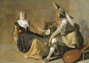 A soldier and a laughing girl in an interior by Pieter Jansz. Quast