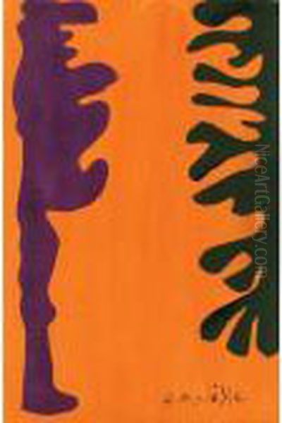 Arabesques Noires Et Violettes Sur Un Fond Orange - view 1