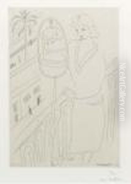 Jeune Femme Au Balcon Observant Des Perruches - view 1