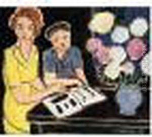 La Lecture (deux Fillettes, Bouquet De Pivoines Sur Fond Noir) by Henri Matisse