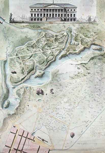 Peterhof, Russia Elevation of the English Palace and plan of the park - view 1