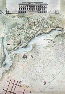 Peterhof, Russia Elevation of the English Palace and plan of the park by Giacomo Quarenghi