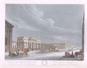 View of the Imperial Bank and the Shops at St. Petersburg, illustration for January from 'A Year in St. Petersburg etched by John H. Clark, coloured by M. Dubourg, pub. 1815 in London by Edward Orme by Giacomo Quarenghi