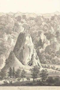 A mountainous landscape with a Genoese castle on a hill top, with a town at the bottom