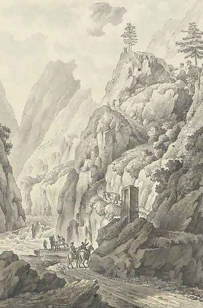 A gorge in the Caucasus, perhaps the valley of the Terek, with travellers on a road - view 1