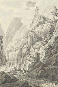 A gorge in the Caucasus, perhaps the valley of the Terek, with travellers on a road