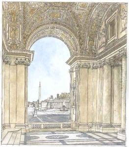 A view of the Piazza San Pietro, Rome looking south from the portico of the basilica