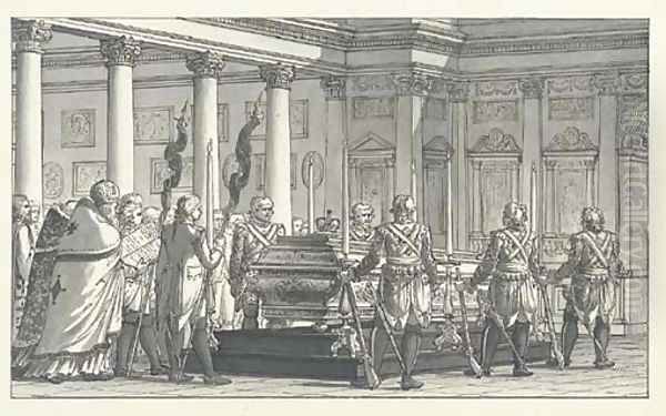 The Lying-in-State of the Emperor Paul I (1796-01), with a guard of honour, in a neoclassical interior - view 1