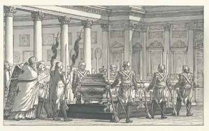 The Lying-in-State of the Emperor Paul I (1796-01), with a guard of honour, in a neoclassical interior