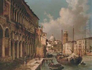 Figures before a palazzo on a Venetian backwater with San Giorgio Maggiore beyond