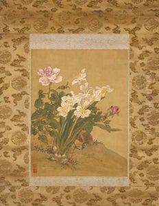 Bird beneath a Narcissus Plant and Blossoming Rose Bush, Qing Dynasty, c.1760 by Shen Quan